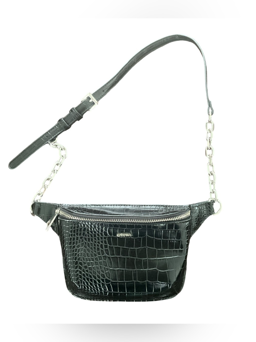 Carpisa Black Croc Embossed Shoulder Bag Silver Chain Baguette Purse